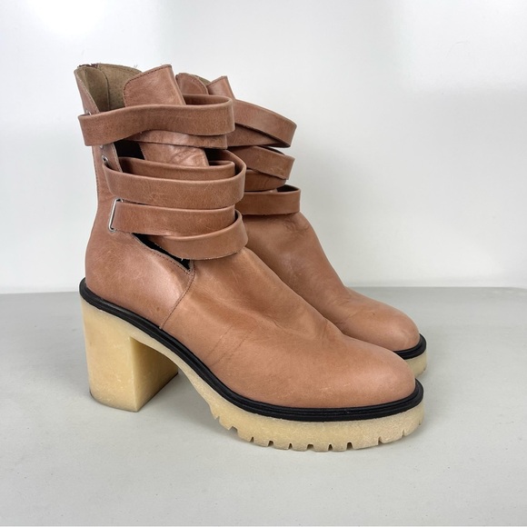 Free People Shoes - Free People Tan Leather Strappy Jesse Cutout Boots Chunky Women's Size 41 US 10